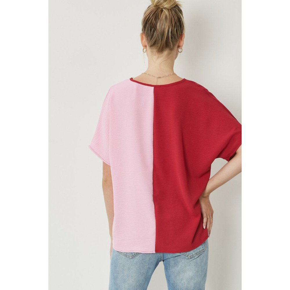 Entro Color Block V-Neck Top, Ruby - Picture 4 of 6